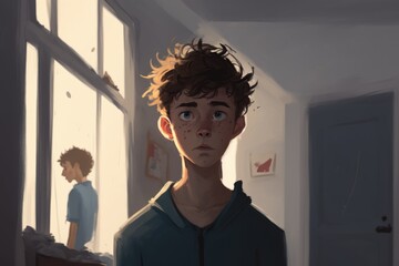 Poster - A Boy Standing In A Room With A Window Looking Out At Another Boy Hospital Animation Adolescence