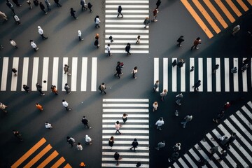 Poster - A Group Of People Crossing A Street In A Crosswalk With Yellow And White Stripes Urban Street Time-lapse Photography Urban Planning Generative AI 
