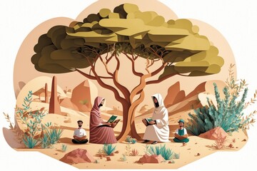 Poster - A Group Of People Sitting Under A Tree In The Desert With A Book Oasis Digital Art Digital Illustration
