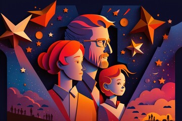 Poster - A Man And Woman Are Looking At Stars In The Sky With A Child Lunar Landscape Animation Science Education Generative AI 