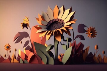 Poster - A Paper Cut Sunflower In A Field Of Flowers With Leaves Oasis Paper Cutting Motion Graphics Generative AI 