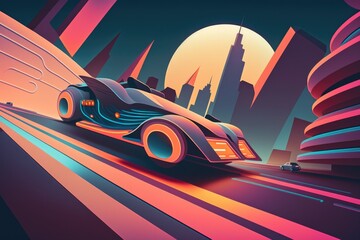 Poster - A Futuristic Car Driving Through A City At Night With A Full Moon Car Dealership Art Deco Automotive Design Generative AI 
