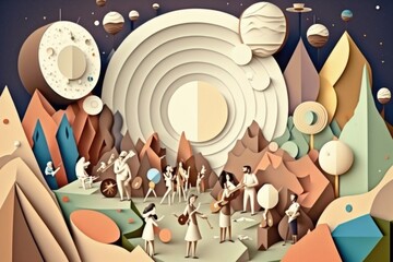 Poster - A Paper Cut Of A Landscape With People And Planets In It Lunar Landscape Paper Cutting Motion Graphics Generative AI 