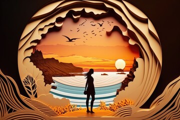 Poster - a woman standing in front of a sunset with a bird flying over the water desert sand dunes at sunset 