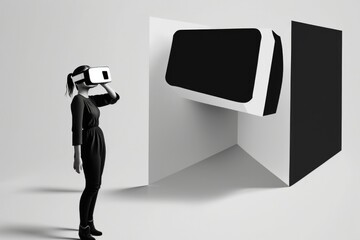 Aufkleber - A Woman Standing In Front Of A Black And White Object With A Blindfold Workshop Stereoscopic Photography Virtual Reality Generative AI 
