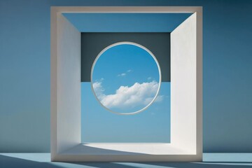 Poster - a white square frame with a blue sky and clouds in the background arcade surrealism cloud computing