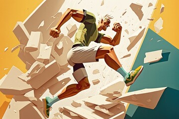 Poster - A Man Running Up A Steep Hill With A Yellow Background And A Yellow Background Fitness Center Advertising Photography Retirement Planning Generative AI 