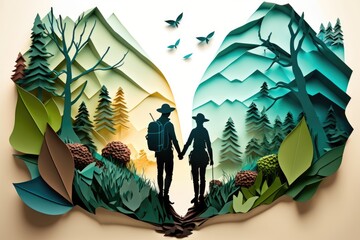 Poster - A Paper Cut Of Two People Holding Hands In A Forest With A Bird Flying Overhead National Park Paper Cutting Adventure Travel Generative AI 