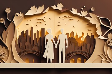 Wall Mural - A Paper Cut Of A Couple Holding Hands In Front Of A City Wedding Venue Paper Cutting Set Design