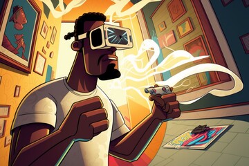Poster - A Man Holding A Remote Control In His Hand And A Cartoon Picture Of A Man Holding A Remote Control In His Hand Power Plant Stereoscopic Photography Virtual Reality Generative AI 