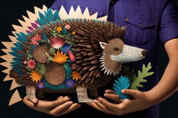 Poster - A Person Holding A Paper Cut Out Of A Hedgehog And A Hedgehog Savanna Paper Cutting Wildlife Conservation Generative AI 