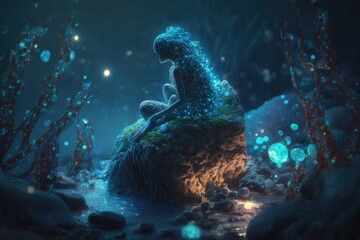 Poster - A Scene Of A Woman And Child Sitting On A Rock In The Water Aquarium Animation Motion Graphics
