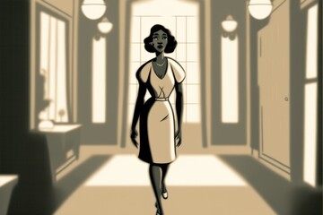 Poster - a woman in a dress walking down a hallway with a lamp savanna animation animation filmmaking generat