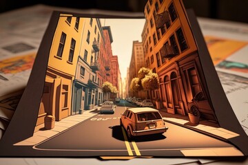 Poster - A Picture Of A Car On A City Street With Buildings In The Background City Street At Night Animation Animation