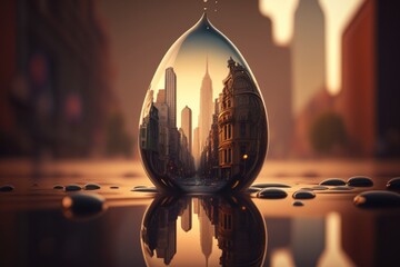 Poster - A Water Drop With A City In The Background And A Reflection Of The City Modern City Skyline In The Morning With Sunrise Surrealism Glass Art Generative AI 
