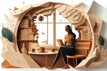 Poster - A Woman Sitting At A Table With A Laptop In A Room With A Window Coffee Shop Paper Cutting Digital Illustration