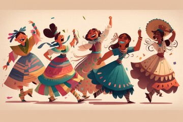 Poster - A Group Of Women Dancing Around Each Other In Colorful Dresses And Hats Dance Studio Animation Latin American Culture Generative AI 