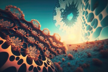 Poster - A Computer Generated Image Of A Large Object In The Sky With A Sun In The Background Coral Reef Animation Motion Graphics Generative AI 