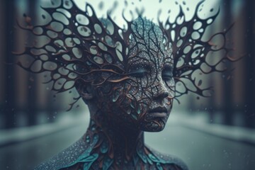 Poster - A Woman With A Tree On Her Head And A Lot Of Circles On Her Face Zoo Fine Art Photography Art Modeling