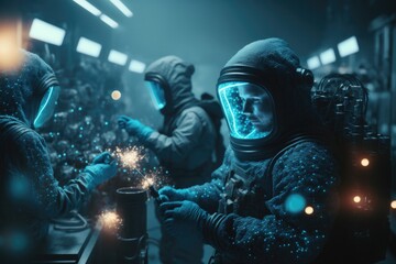 Poster - Two People In Space Suits Are Working On A Projector Screen Factory Animation Manufacturing