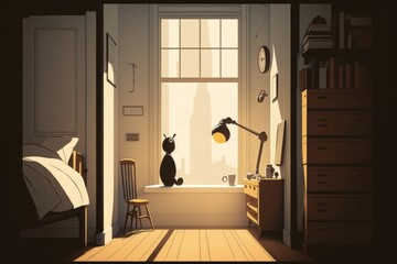 Poster - A Room With A Bed Desk And A Window With A Cat Sitting On The Window Sill Bedroom Animation Animation Filmmaking Generative AI 