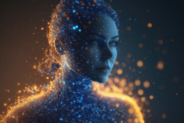Poster - A Woman With Blue And Yellow Lights On Her Face And Body Marina Animation Computer Graphics Generative AI 