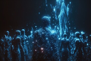 Fototapete - A Group Of People Standing In A Dark Room With Blue Lights Nightclub Video Art Artificial Intelligence Generative AI 