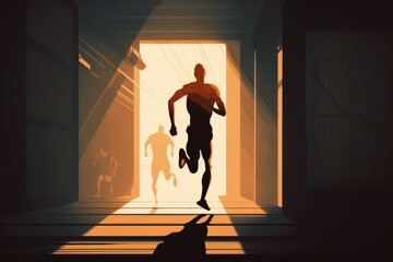 Poster - A Man Running In A Dark Tunnel With A Dog Nearby On A Leash Sports Bar Sports Photography Competitive Analysis