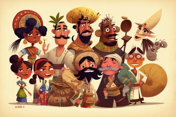 Poster - A Group Of Cartoon Characters With A Mustache And Beards All Dressed In Costumes Zoo Animation Latin American Culture Generative AI 