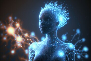 Poster - A Woman With Glowing Hair And A Body Made Of Stars And Lines Nightclub Video Art Artificial Intelligence