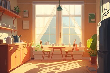 Poster - A Kitchen With A Table And Chairs And A Window With A View Coffee Shop Animation Green Living Generative AI 
