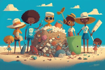 Poster - a group of people standing on top of a pile of trash beach environmental art sustainability