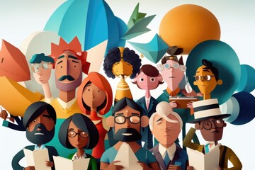 Poster - A Group Of People With Different Facial Expressions And Hair Styles Are Standing Together Bank Animation Corporate Social Responsibility Generative AI 