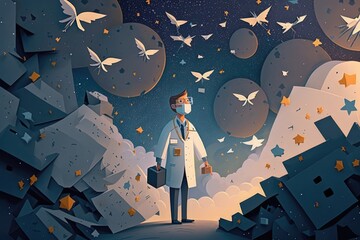 Poster - A Man In A White Coat And A Face Mask Standing In Front Of A Mountain With Stars Hospital Digital Art Pharmaceutical Sales Generative AI 