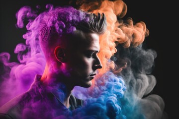 Poster - A Man With A Mohawk And A Colorful Smoke Cloud Behind Him Factory Portrait Photography Portrait Photography Generative AI 