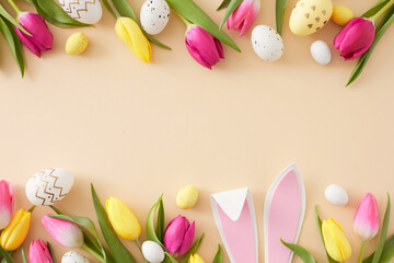 Wall Mural - Easter celebration concept. Flat lay composition of easter bunny ears white yellow eggs tulips flowers on pastel beige background with empty space in the middle