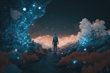 Aufkleber - A Man Standing In A Forest Looking At The Sky With Stars Lunar Landscape Animation Motion Graphics Generative AI 