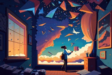 Poster - A Woman Standing In A Room With A Window And A Sky Filled With Paper Airplanes Library Digital Art Meteorology Generative AI 