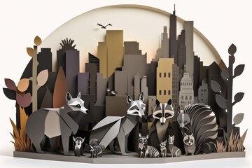 Poster - A Group Of Animals Standing In Front Of A City Skyline With A Bird Flying Overhead City Skyline Paper Cutting Wildlife Conservation Generative AI 