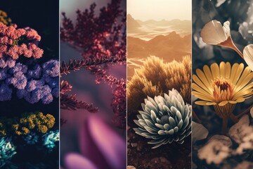 Poster - A Series Of Four Images With Different Flowers In Them And A Mountain In The Background Coral Reef Macro Photography Fragrances Generative AI 
