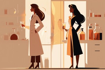 Poster - Two Women In A Kitchen With Bottles Of Alcohol And A Wine Glass Coffee Shop Animation Cocktails