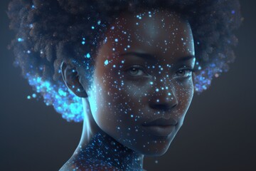 Fototapete - A Woman With A Blue Background And Stars On Her Face And Neck Deep Sea Trench Digital Art Energy Healing Generative AI 