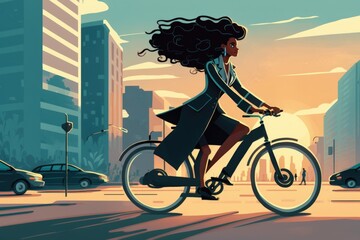 Poster - A Woman Riding A Bike Down A Street Next To Tall Buildings Bike Path Animation Business Travel Generative AI 