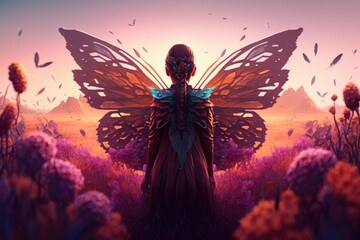 Poster - a woman with a butterfly wings standing in a field of flowers tundra environmental art computer grap