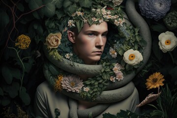 Poster - A Painting Of A Man With A Snake Wrapped Around His Head Garden Fine Art Photography Botany Generative AI 