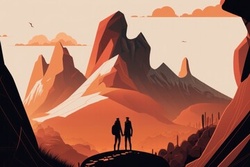 Aufkleber - A Couple Of People Standing On Top Of A Mountain Under A Sky Desert Canyon Graphic Design Adventure Travel Generative AI 