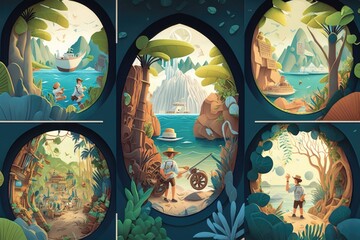 Wall Mural - A Series Of Four Illustrations Of A Man Fishing In A River Rainforest Stereoscopic Photography Environment Generative AI 