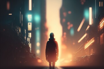 Poster - A Man Walking Down A Street In A City At Night With A Neon Light Modern Urban Skyline Animation Fiction Writing Generative AI 