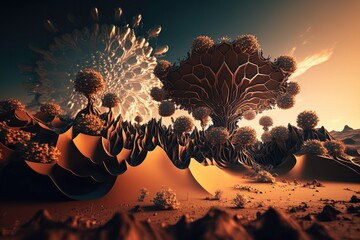 Poster - A Computer Generated Image Of A Desert Landscape With A Tree And Flowers Lunar Landscape Video Art Motion Graphics Generative AI 