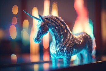 Poster - A Glass Unicorn Figurine Sitting On A Table In Front Of A Colorful Background Nightclub Kinetic Art Intellectual Property Law Generative AI 